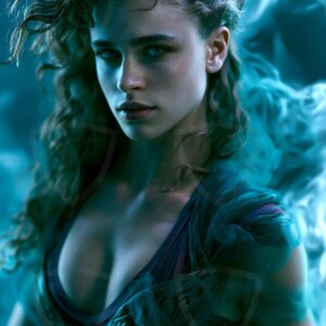 AI-generated abstract art of beautiful women gently enveloped in swirling translucent color mist, iridescent light shimmering on skin. By Jeff Dupler.
