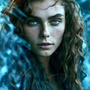 AI-generated abstract art of beautiful women gently enveloped in swirling translucent color mist, iridescent light shimmering on skin. By Jeff Dupler.