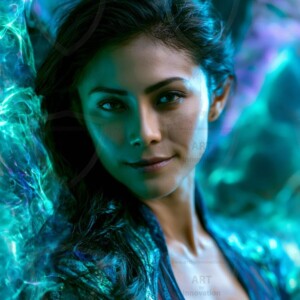 AI-generated abstract art of beautiful women gently enveloped in swirling translucent color mist, iridescent light shimmering on skin. By Jeff Dupler.