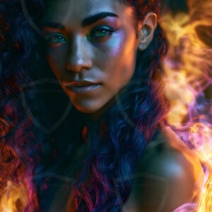AI-generated abstract art of beautiful women gently enveloped in swirling translucent color mist, iridescent light shimmering on skin. By Jeff Dupler.