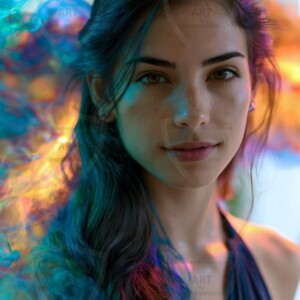 AI-generated abstract art of beautiful women gently enveloped in swirling translucent color mist, iridescent light shimmering on skin. By Jeff Dupler.