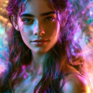 AI-generated abstract art of beautiful women gently enveloped in swirling translucent color mist, iridescent light shimmering on skin. By Jeff Dupler.