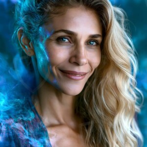 AI-generated abstract art of beautiful women gently enveloped in swirling translucent color mist, iridescent light shimmering on skin. By Jeff Dupler.