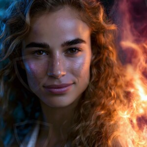 AI-generated abstract art of beautiful women gently enveloped in swirling translucent color mist, iridescent light shimmering on skin. By Jeff Dupler.