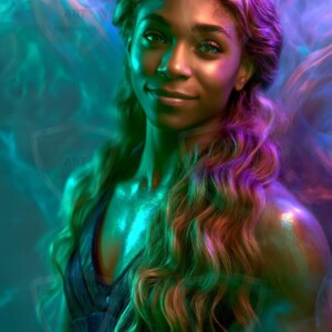 AI-generated abstract art of beautiful women gently enveloped in swirling translucent color mist, iridescent light shimmering on skin. By Jeff Dupler.