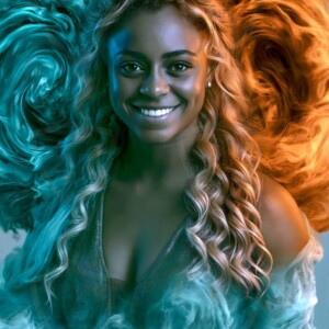 AI-generated abstract art of beautiful women gently enveloped in swirling translucent color mist, iridescent light shimmering on skin. By Jeff Dupler.