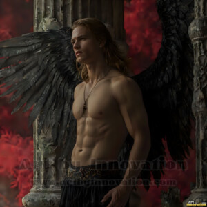 In this gallery, AI-generated dark angels handsome fallen angels with massive black and silver wings in gothic atmospheric settings. UHD digital art collection.