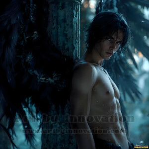 In this gallery, AI-generated dark angels handsome fallen angels with massive black and silver wings in gothic atmospheric settings. UHD digital art collection.