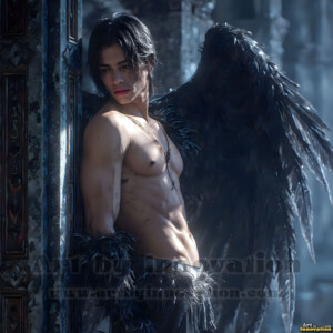In this gallery, AI-generated dark angels handsome fallen angels with massive black and silver wings in gothic atmospheric settings. UHD digital art collection.