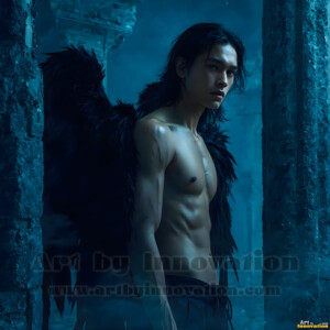 In this gallery, AI-generated dark angels handsome fallen angels with massive black and silver wings in gothic atmospheric settings. UHD digital art collection.