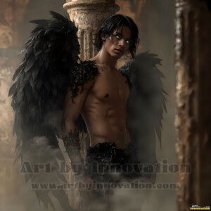 In this gallery, AI-generated dark angels handsome fallen angels with massive black and silver wings in gothic atmospheric settings. UHD digital art collection.