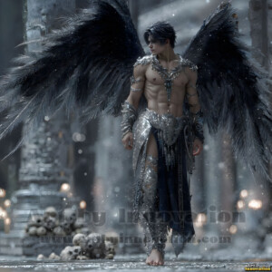 In this gallery, AI-generated dark angels handsome fallen angels with massive black and silver wings in gothic atmospheric settings. UHD digital art collection.