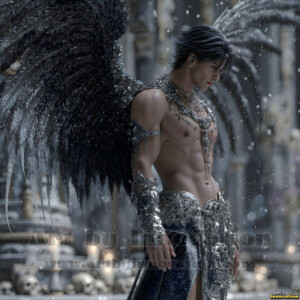 In this gallery, AI-generated dark angels handsome fallen angels with massive black and silver wings in gothic atmospheric settings. UHD digital art collection.