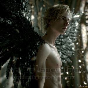 In this gallery, AI-generated dark angels handsome fallen angels with massive black and silver wings in gothic atmospheric settings. UHD digital art collection.