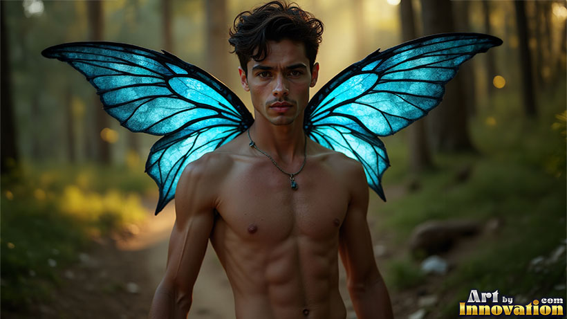 Handsome nude male fairy with enormous shimmering crystal wings in an enchanted forest, AI-generated fantasy art by Art by Innovation