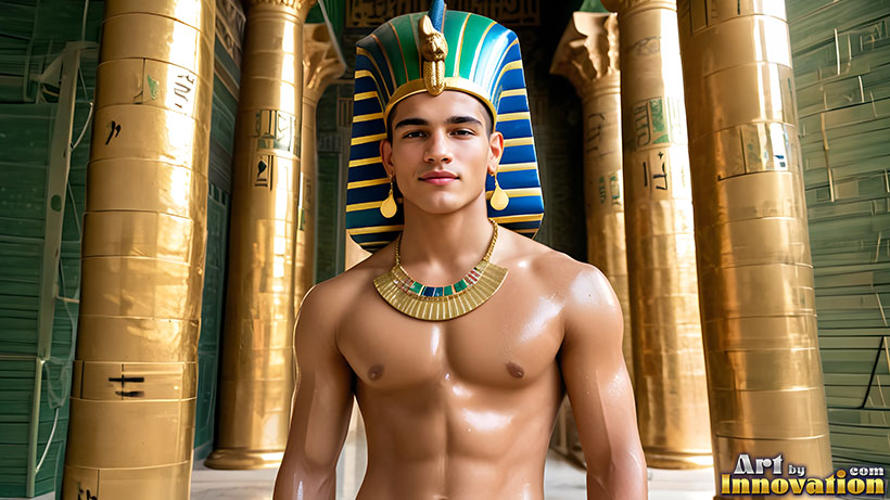 Handsome young nude King Tutankhamun in ancient Egyptian royal attire, AI-generated history and fantasy art by Art by Innovation