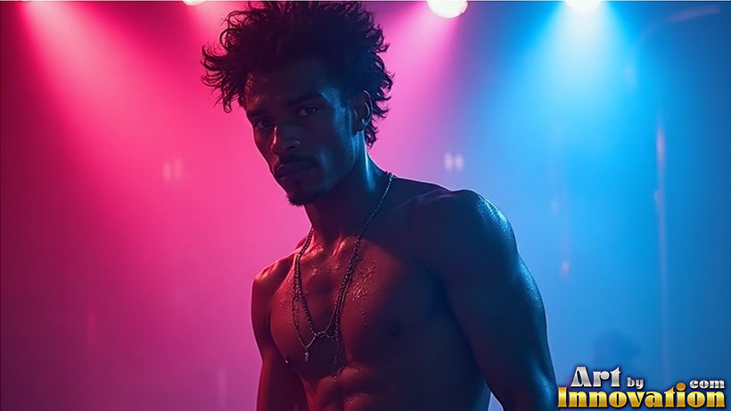 Handsome muscular man dancing at a neon-lit nightclub bar, AI-generated digital art by Art by Innovation