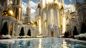 Heavenly golden city above the clouds with pearl gates, gold-leaf domes, jeweled walls, and divine golden god-rays from above, AI-generated angelic backdrop by Art by Innovation