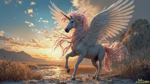 Majestic white alicorn unicorn rearing up in a magical fantasy landscape, AI-generated art by Art by Innovation