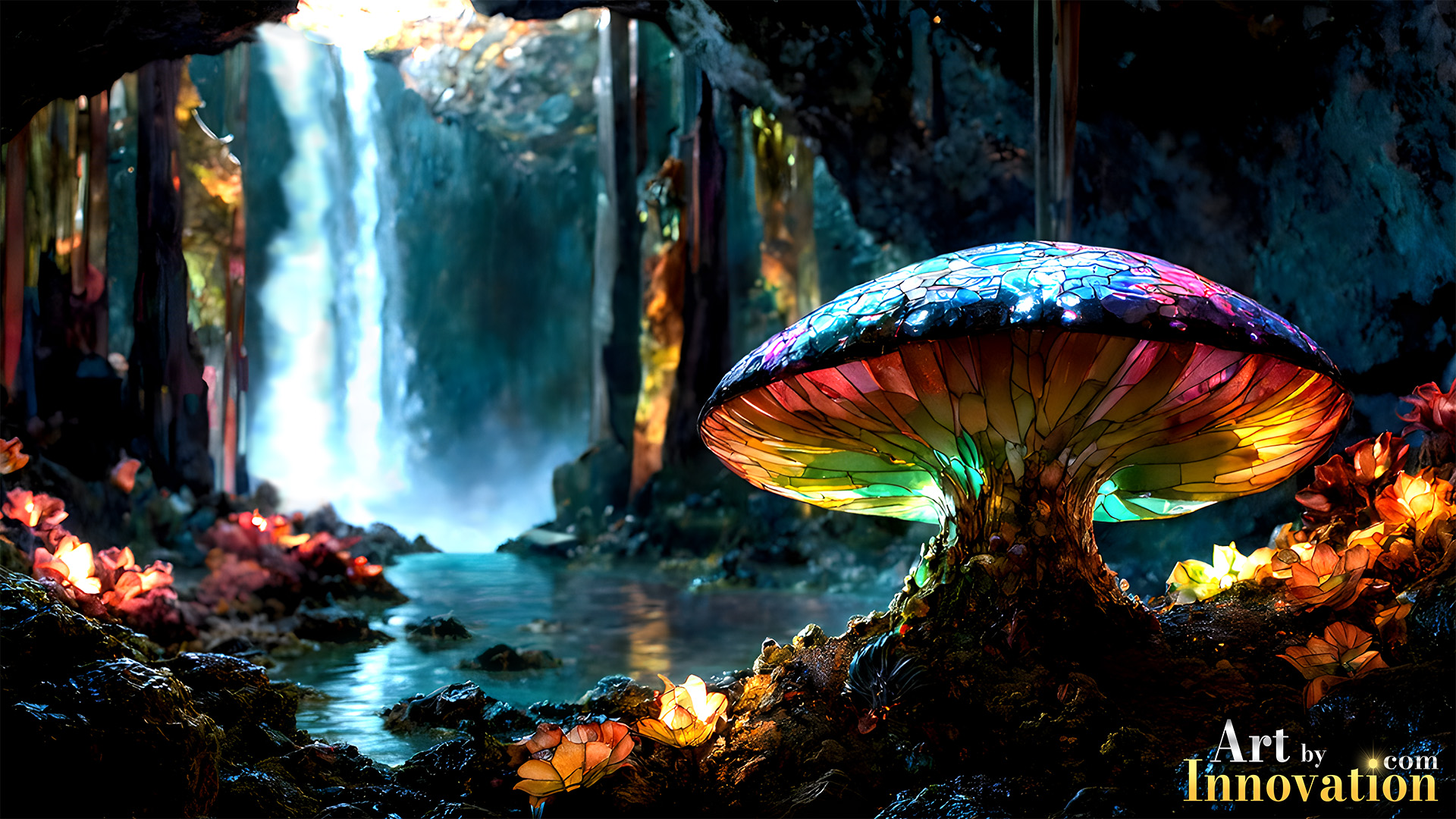 Vibrant alien world made of iridescent stained glass with bioluminescent mushrooms and aurora sky, AI-generated fantasy art by Art by Innovation