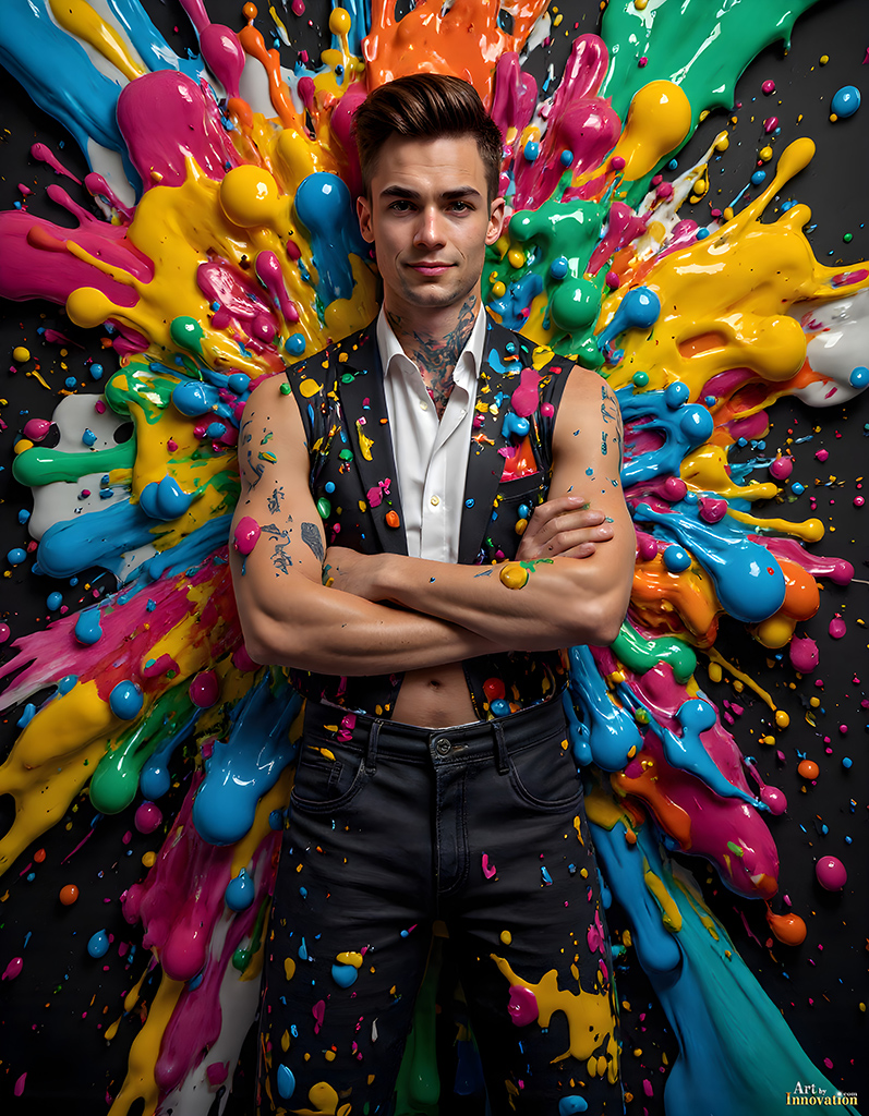 Handsome shirtless man covered in colorful body paint explosions, smiling with joy, AI-generated abstract art by Art by Innovation