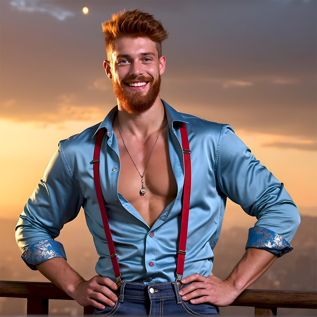 Handsome mature man in his 30s on a balcony overlooking a majestic golden city in the heavens, AI-generated art by Art by Innovation