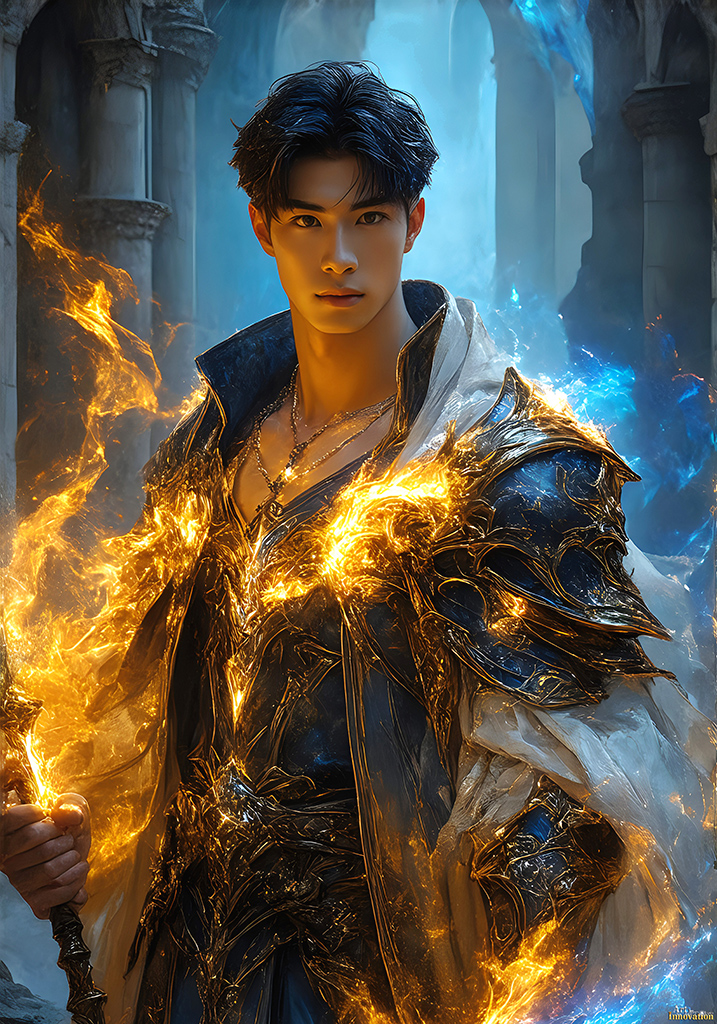 Handsome male elemental mage casting a powerful spell, AI-generated fantasy art by Art by Innovation