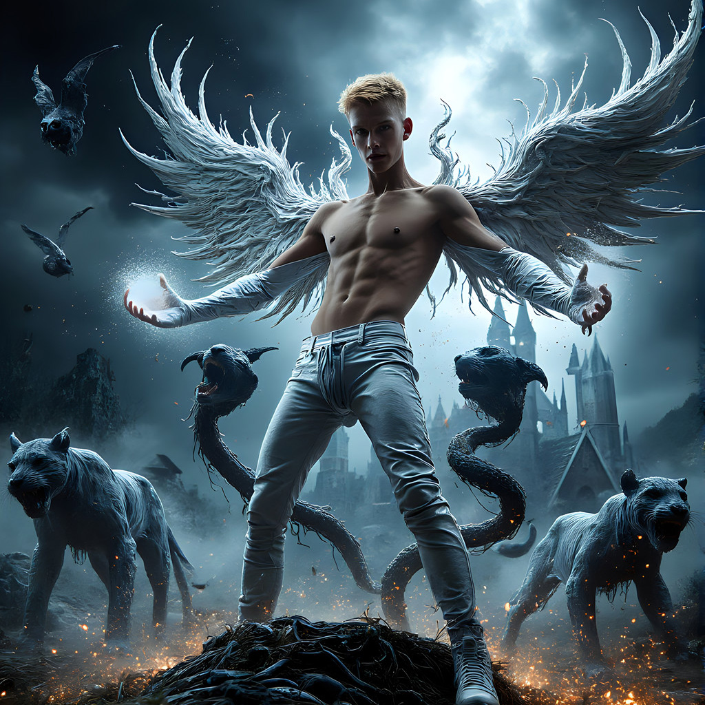 Handsome shirtless Gryffindor wizard casting a powerful lion spell at Hogwarts castle, AI-generated fantasy art by Art by Innovation