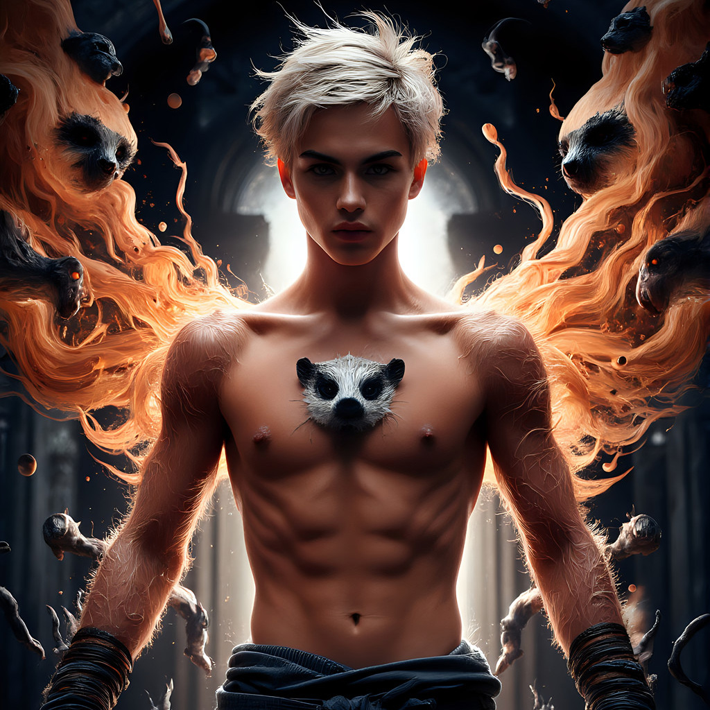 Handsome shirtless Hufflepuff wizard summoning fierce loyal badgers at Hogwarts castle, AI-generated fantasy art by Art by Innovation