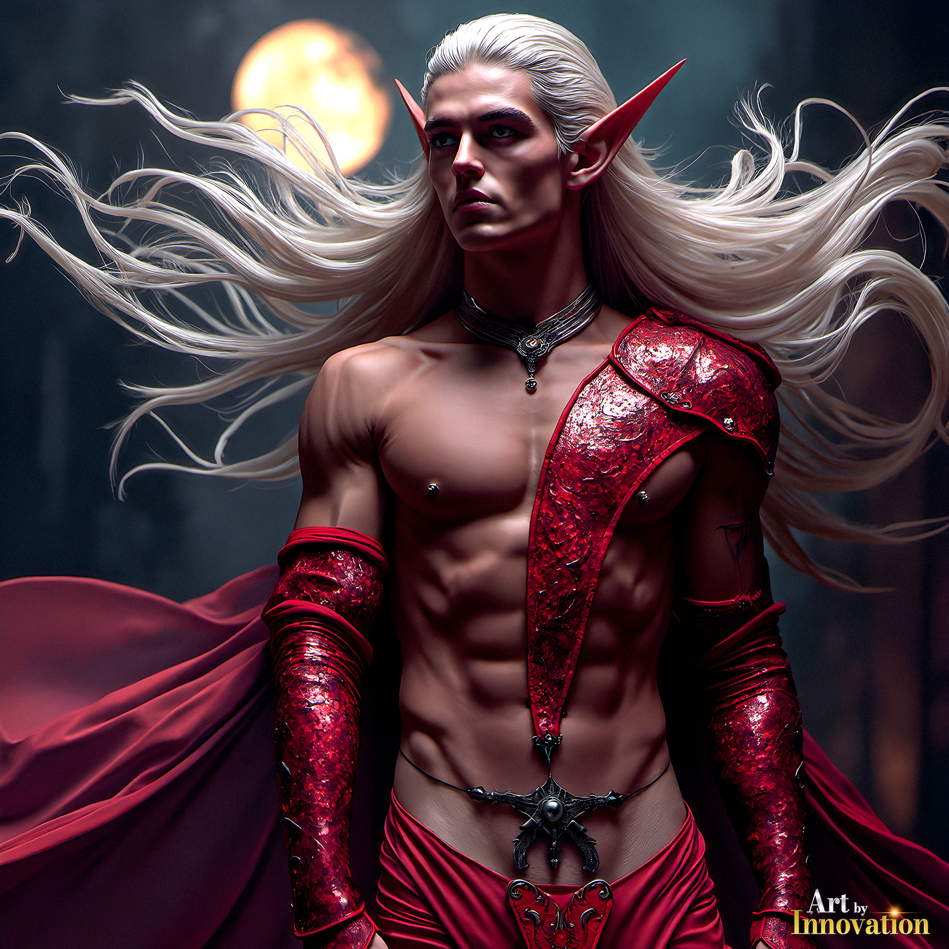Handsome male elf with pointed ears in an enchanted forest, AI-generated fantasy art by Art by Innovation