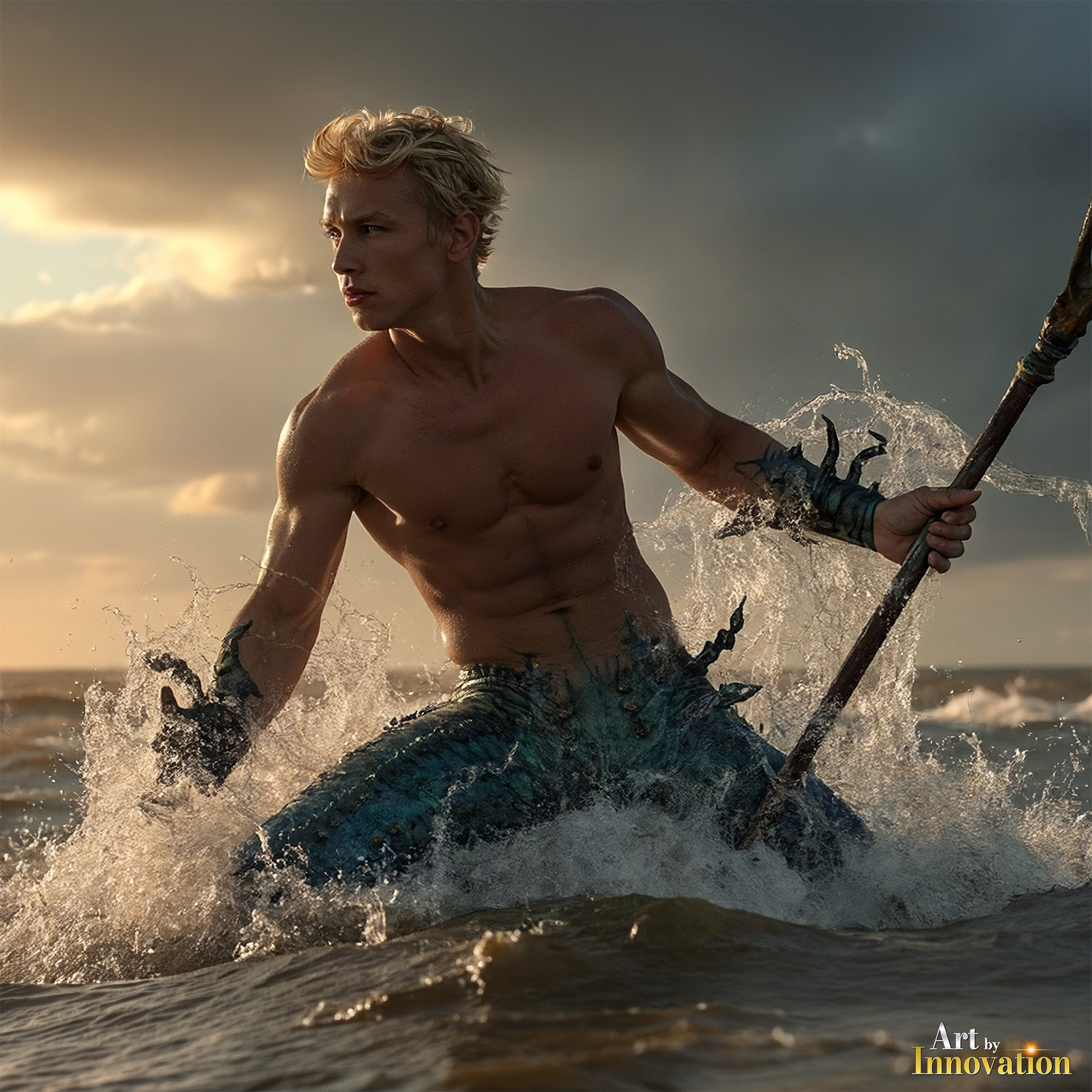 Handsome merman warrior with shimmering obsidian scales and trident in a vibrant coral reef, AI-generated fantasy art by Art by Innovation