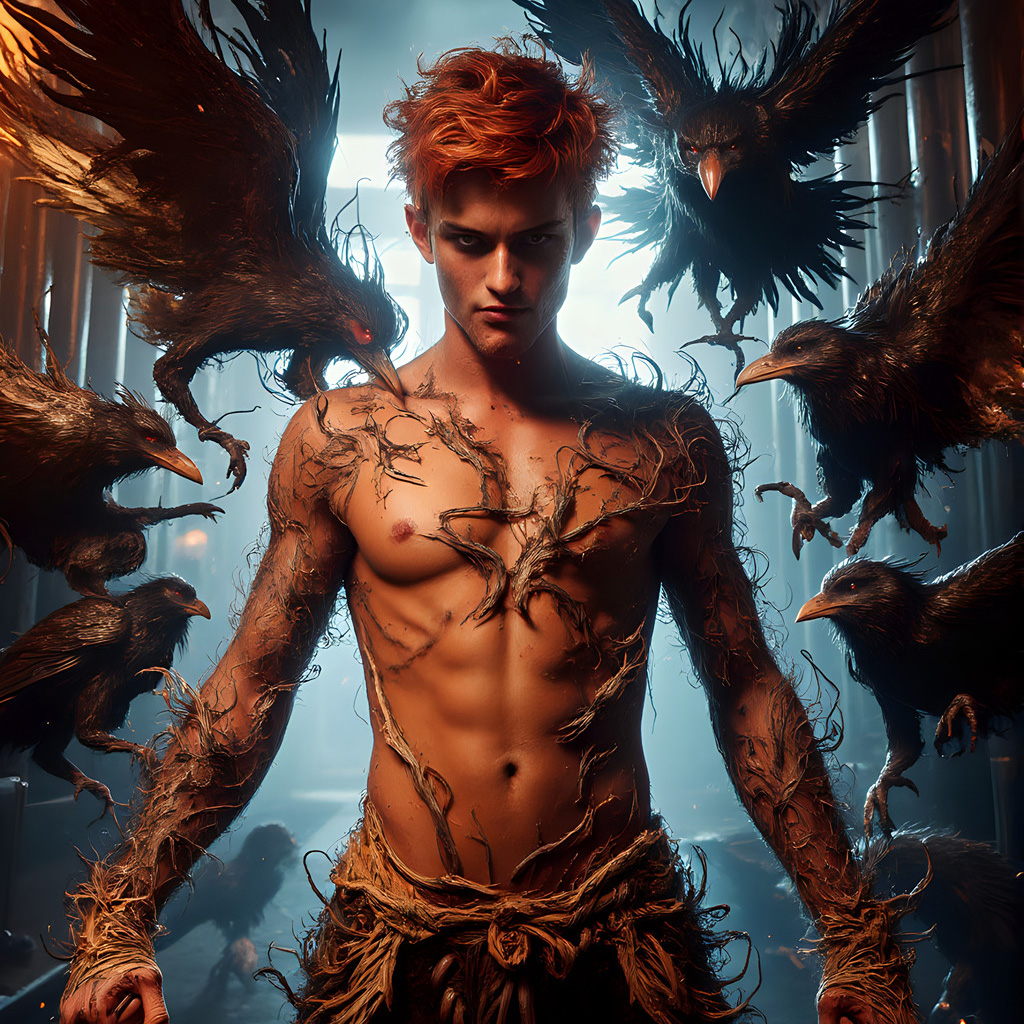 Handsome shirtless Ravenclaw wizard summoning a murder of massive ravens at Hogwarts castle, AI-generated fantasy art by Art by Innovation