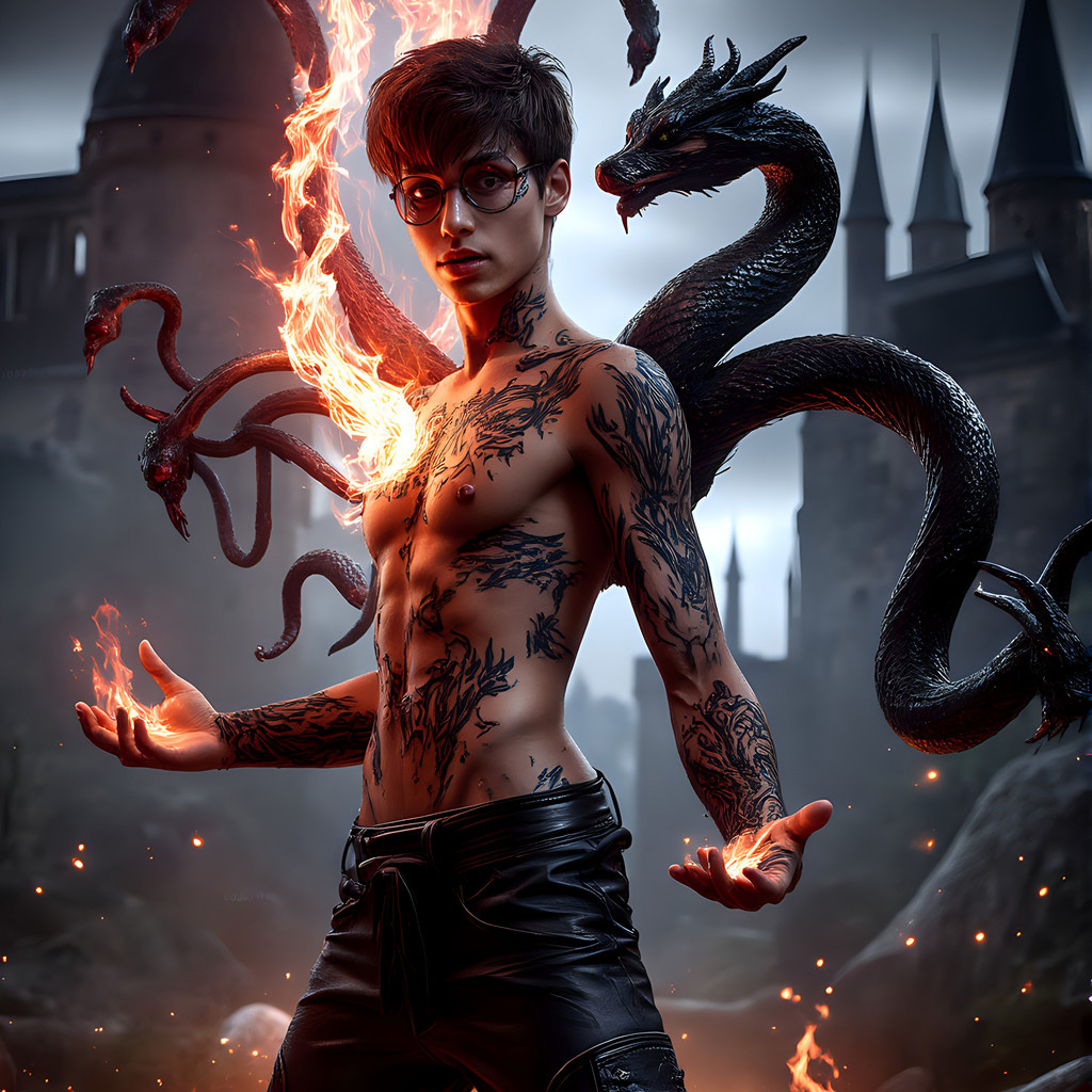 Handsome shirtless Slytherin wizard conjuring demonic snakes at Hogwarts castle, AI-generated dark fantasy art by Art by Innovation
