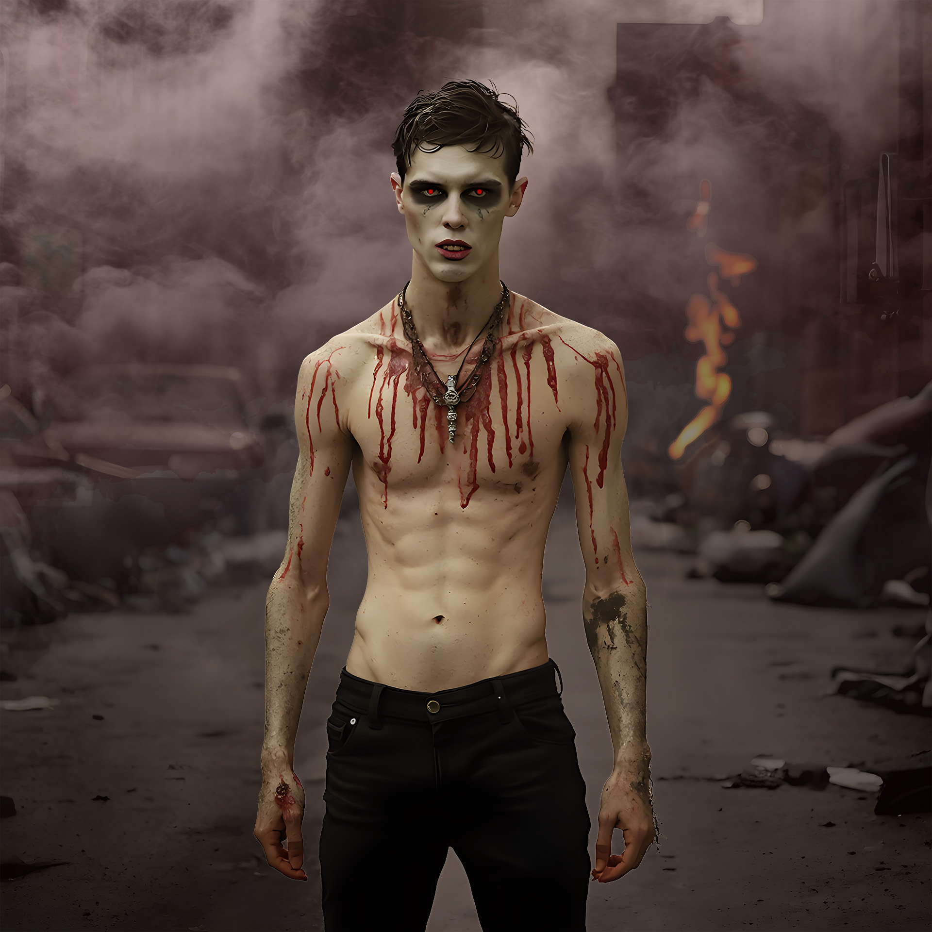Handsome young male zombie in a dark apocalyptic fantasy setting, AI-generated dark horror art by Art by Innovation