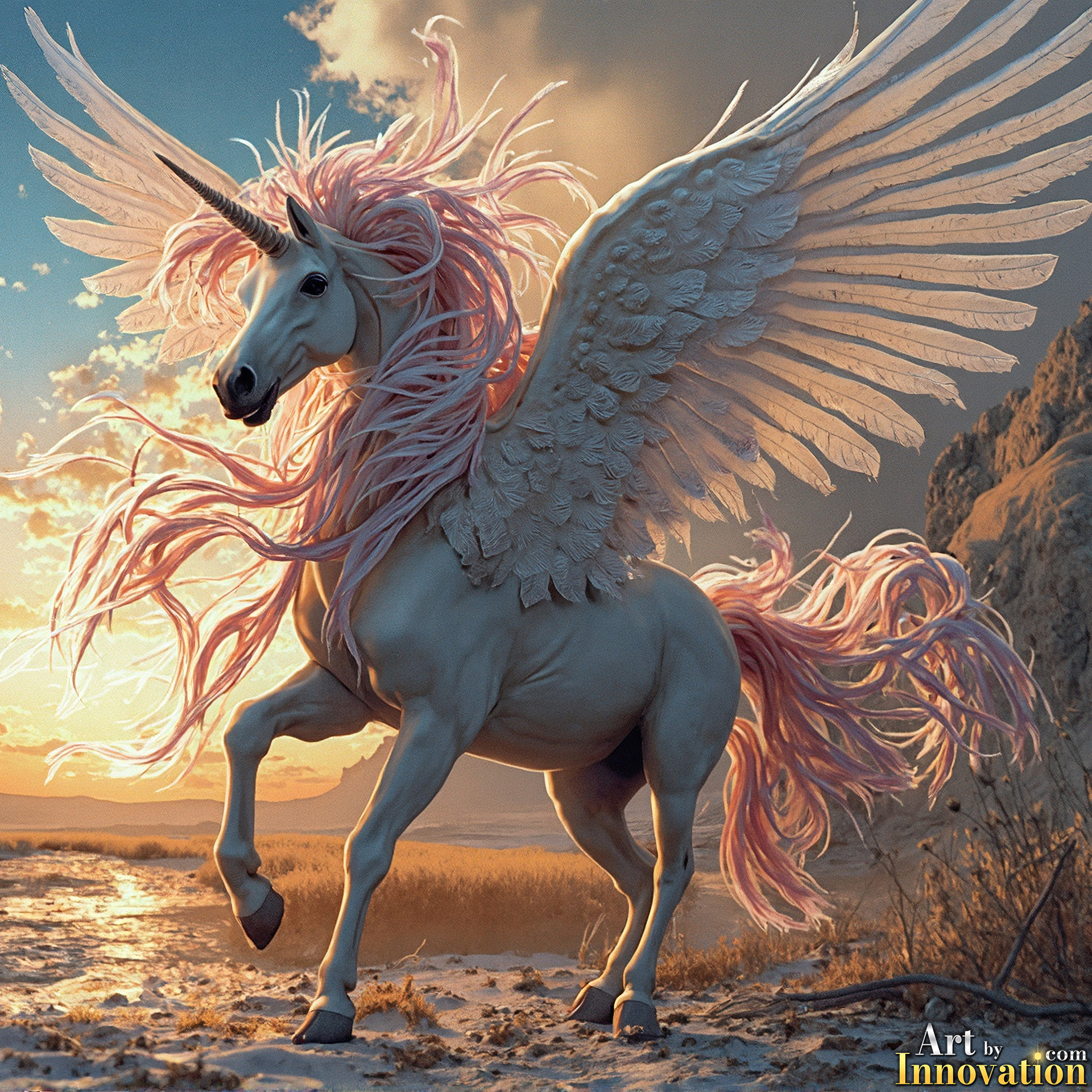 Majestic white alicorn unicorn rearing up in a magical fantasy landscape, AI-generated art by Art by Innovation